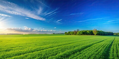 Obraz premium Green field under a clear blue sky, landscape, nature, grass, sky, horizon, tranquil, serene, peaceful, rural, countryside