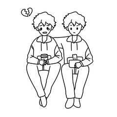 Two boys sitting on a bench, one of them holding a cup