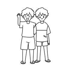 Two boys are standing next to each other, one of them is waving