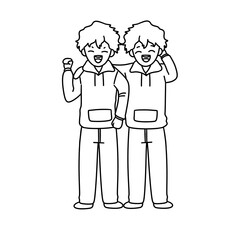 Two boys are holding hands and smiling