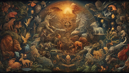 A wallpaper featuring elements from various folklore and mythologies, with mystical creatures, legendary heroes, and ancient symbols, 