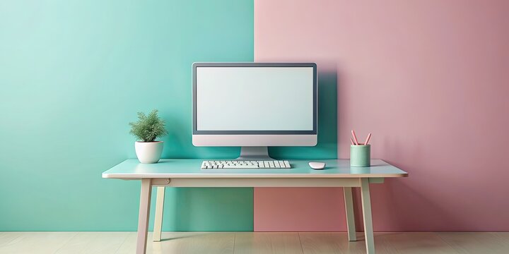 Modern computer workstation in soft, pastel colors, business,computer, workstation, modern, technology, office, desktop, pastel