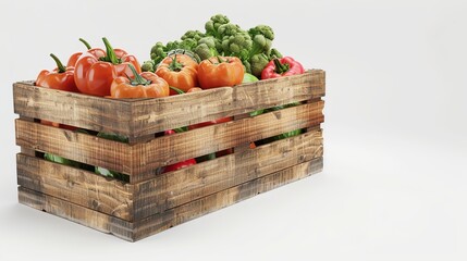 A wooden box filled with fresh vegetables isolated on a transparent background. High-resolution cutout PNG file with a white background for easy overlay in design software. 