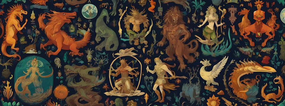 A wallpaper featuring elements from various folklore and mythologies, with mystical creatures, legendary heroes, and ancient symbols, 