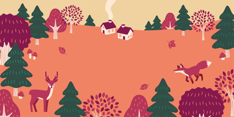 Cozy Autumn Landscape: Cute Houses and Woodland Animals Vector