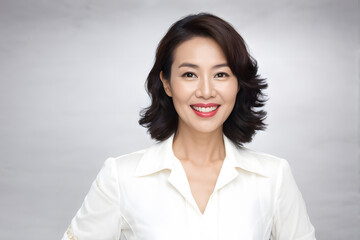 Fototapeta premium A woman with a white shirt and red lipstick is smiling