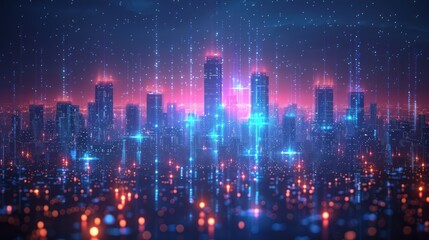 Obraz premium Digital Cityscape: A Futuristic Metropolis Illuminated by Neon Lights