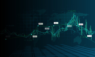 Financial charts and stock graphs on world map background. trading exchange market charts