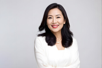 A woman with long hair and a necklace is smiling for the camera