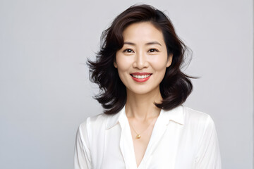 A woman with a gold necklace and a smile on her face