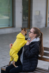 A young Caucasian woman is walking with a Russian toy terrier. The owner with a dog in a jacket sits on a bench. Vertical photo. 