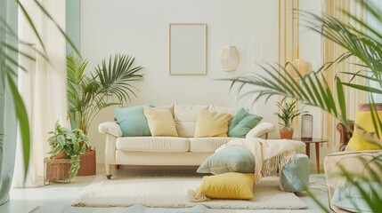 White cozy studio with neutral color scheme, minimal green plants, wood and leather pieces, and decorative accents in yellow green and soft blue