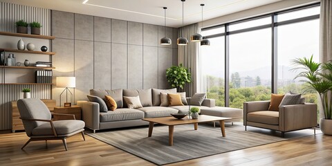 Fototapeta premium Modern living room interior with sleek furniture and neutral color palette, modern, living room, interior