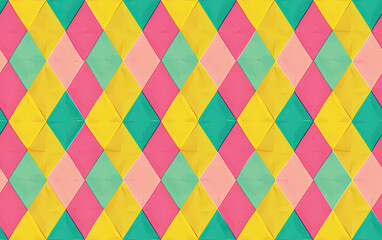Eye-catching argyle pattern in bright hues of yellow, pink, and turquoise, with a seamless design and vibrant colors popping in bright lighting.
