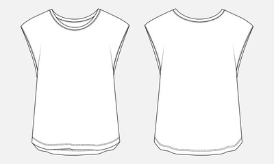 Sleeveless t shirt tops blouse for ladies technical drawing fashion flat sketch vector illustration template front and back views
