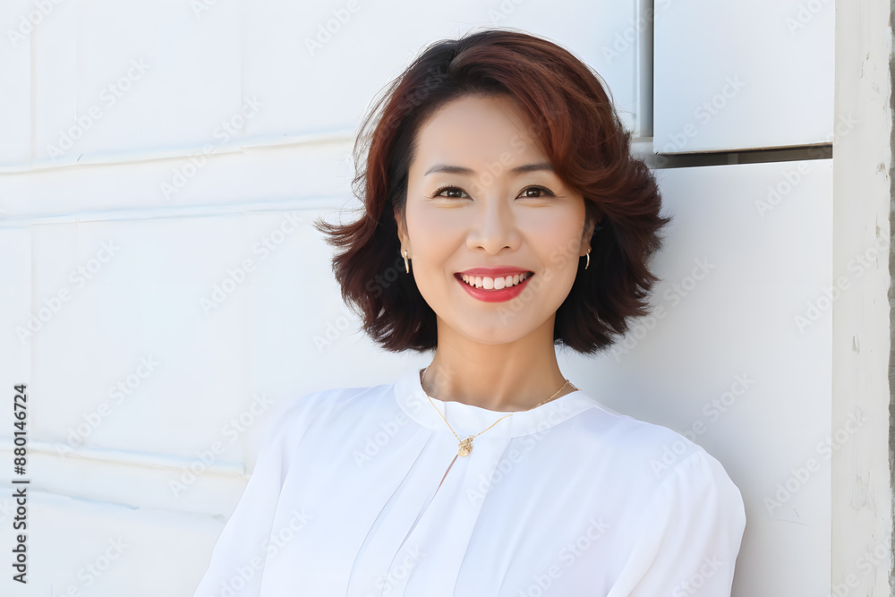 Wall mural A woman with a short haircut and a white shirt is smiling and posing for a photo