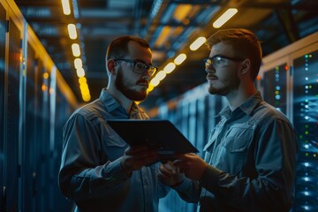 Two Men Discussing Work in a Data Center