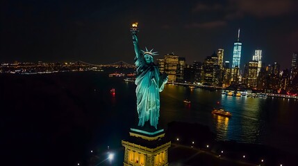 A statue of liberty is lit up at night in front of a city skyline. The statue is surrounded by a body of water and the city is lit up with lights. Concept of pride and patriotism.