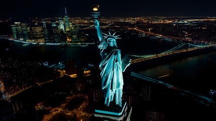 A statue of liberty is lit up at night in a city. The statue is surrounded by buildings and a bridge.