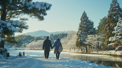 雪の公園を手をつないで歩く老夫婦