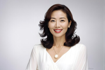 A woman with long hair and a pearl necklace is smiling