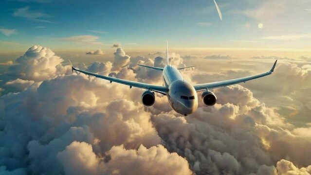 camera chasing a commercial airplane flying above the clouds