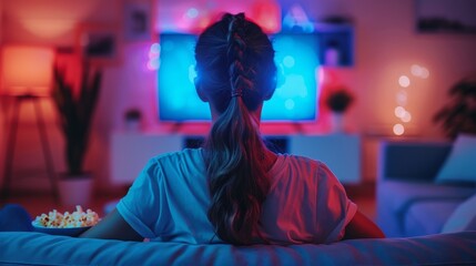 Fototapeta premium Happy girl holding bowl of popcorn on the bed in bedroom,Evening cozy watching a movie or TV series in the living room at home,blue and red.Relax at home concept.