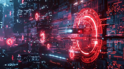 Futuristic red and blue interface with glowing circles.