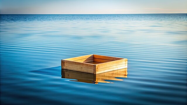 Floating wooden box on calm water surface with clear minimalist background, serenity, peaceful, tranquil, minimalism, simplicity - Powered by Adobe