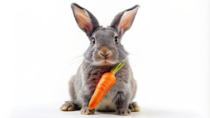 Obraz premium Gray rabbit holding a red carrot in its paws, rabbit, gray, animal, carrot, red, cute, fluffy, paws, wildlife, nature