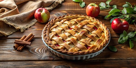 Freshly baked apple pie on a rustic wooden table, apple pie, dessert, homemade, fresh, baked, sweet, delicious