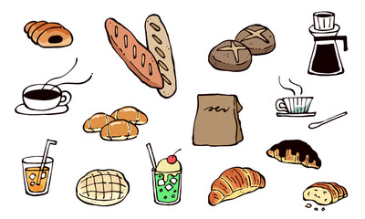 手描きのパンと飲み物のイラストセット