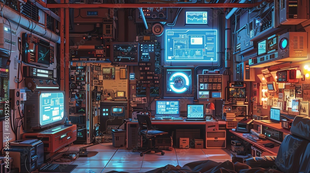 Poster futuristic cyberpunk office space with computers, monitors and neon lights.