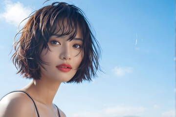A woman with short hair and red lipstick is standing in front of a blue sky