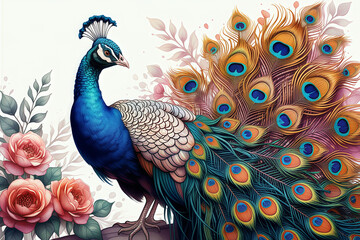 Obraz premium Colorful hand-painted peacock portraits and illustrations of flowers and plants