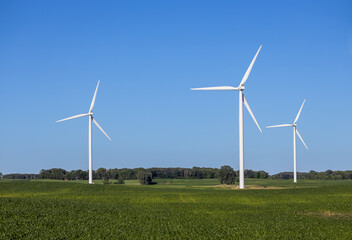 Fototapeta premium Landscape view of gigantic wind turbines in an agricultural field under clear blue sky, with copy space