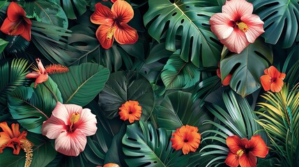 Fototapeta premium Lush tropical leaves and bright flowers in a detailed, high-reso