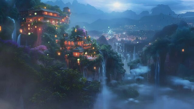 Fantasy mansion built on top of an ancient with waterfalls, mystical mountain. Fairytale world infinite loop animation