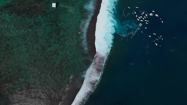 Teahupoo Tahiti aerial drone surf contest birdseye view perspective French Polynesia boats surf wave  2024 surf judge tower Pacific Ocean coral reef Channel Point Faremahora Pass Havae down