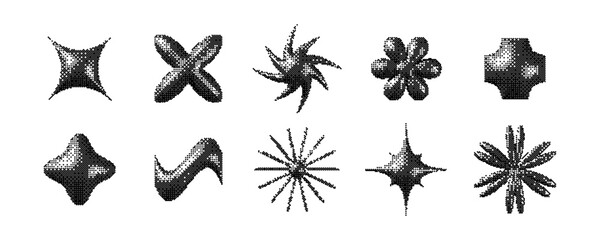 Pixelated 3d Y2K shapes set. Bitmap stars, flowers, sparkles element collection. Retro 8 bit sticker forms bundle for posters, banners, collage, graphic design, tattoo. Vector dither geometric pack