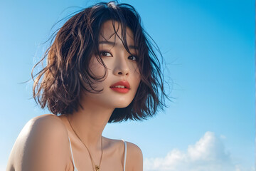 A woman with short hair and a necklace is looking out at the blue sky