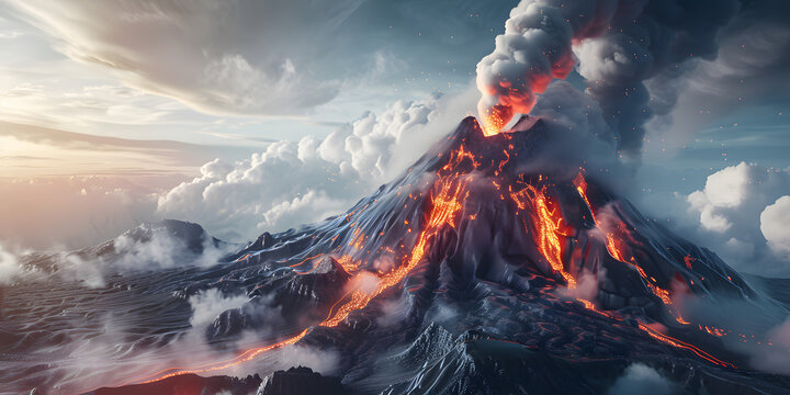 Vulc&atilde;o em erup&ccedil;&atilde;o com fuma&ccedil;a e lava
