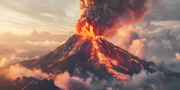 Vulc&atilde;o em erup&ccedil;&atilde;o com fuma&ccedil;a e lava
