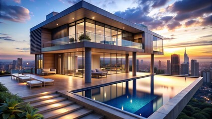 Fototapeta premium Luxurious contemporary skyscraper mansion with sleek lines, floor-to-ceiling windows, and expansive rooftop pool overlooking glittering city lights at dusk.