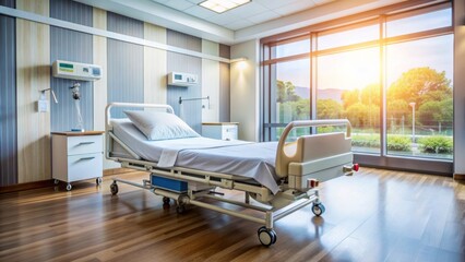 Pristine hospital bed situated in a well-lit, spotless room with various medical equipment and machinery visible in the background atmosphere.
