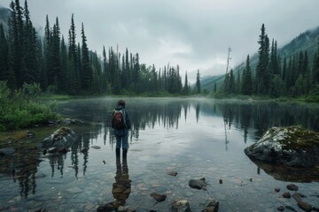 Solo hiker in a misty forest lake.