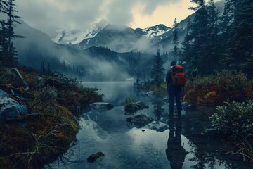 Obraz premium Hiker Admiring the Mountain Lake in Mist.