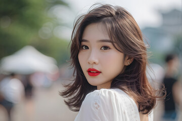 A woman with red lipstick and long brown hair poses for a picture