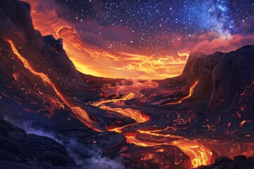 Volcanic Eruption Under a Starry Sky.