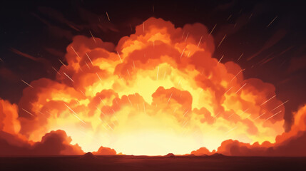 Naklejka premium Large orange fireball explosion over water at sunset illustration.